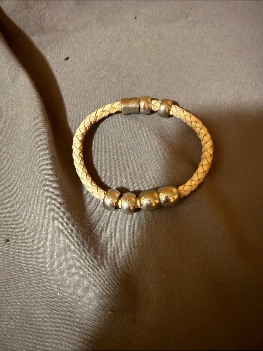 Braided Cream Leather Bracelet with Silver Beads